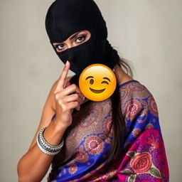 A hot sexy Indian woman is depicted wearing a traditional saree that elegantly hugs her curves, vibrant with intricate patterns and colors