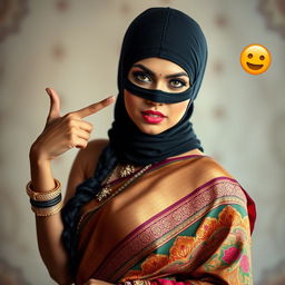 A hot sexy Indian woman is depicted wearing a traditional saree that elegantly hugs her curves, vibrant with intricate patterns and colors