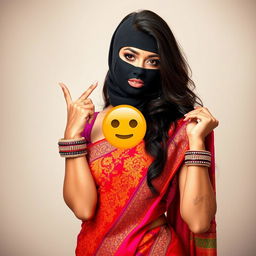 A hot sexy Indian woman is depicted wearing a traditional saree that elegantly hugs her curves, vibrant with intricate patterns and colors