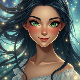 A beautiful and charming young woman with flowing black azule hair that catches the light