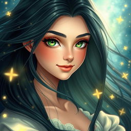 A beautiful and charming young woman with flowing black azule hair that catches the light