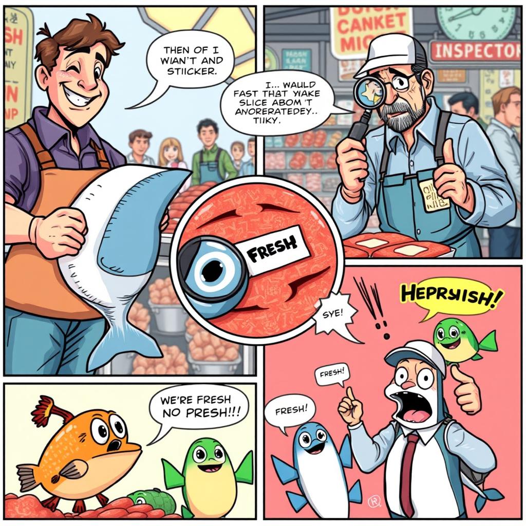 A colorful comic strip depicting a humorous fish inspection scene at a bustling seafood market