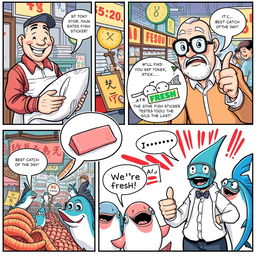 A colorful comic strip depicting a humorous fish inspection scene at a bustling seafood market