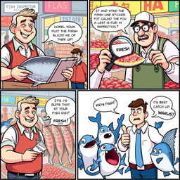 A colorful comic strip depicting a humorous fish inspection scene at a bustling seafood market