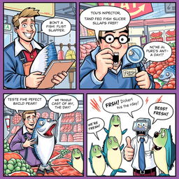 A colorful comic strip depicting a humorous fish inspection scene at a bustling seafood market
