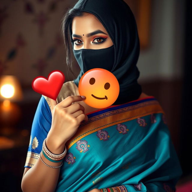 A hot sexy Indian woman is featured wearing a traditional saree that accentuates her silhouette, adorned with beautiful colors and intricate patterns