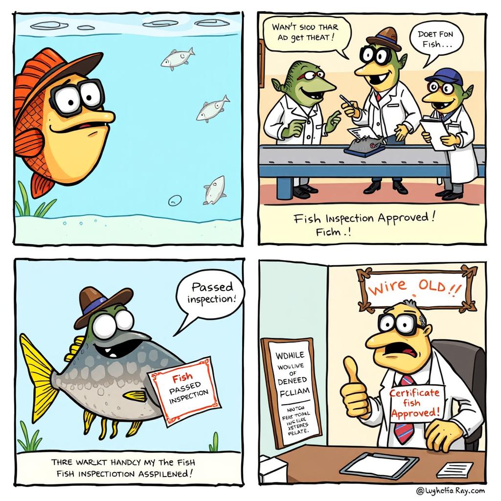 A humorous comic strip depicting a quirky fish inspection agency