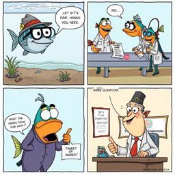 A humorous comic strip depicting a quirky fish inspection agency