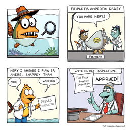 A humorous comic strip depicting a quirky fish inspection agency