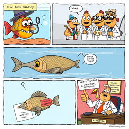 A humorous comic strip depicting a quirky fish inspection agency
