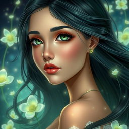 A beautiful and charming young woman with flowing black azule hair that cascades softly around her shoulders