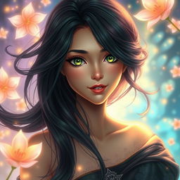 A beautiful and charming young woman with flowing black azule hair that cascades softly around her shoulders