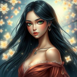 A beautiful and charming young woman with flowing black azule hair that cascades softly around her shoulders