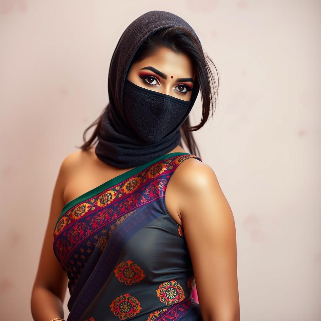 A hot sexy Indian woman is depicted wearing a beautifully draped saree that highlights her curves, featuring intricate patterns in vibrant colors