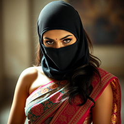 A hot sexy Indian woman is depicted wearing a beautifully draped saree that highlights her curves, featuring intricate patterns in vibrant colors
