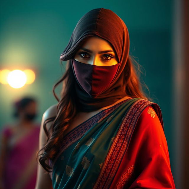 A hot sexy Indian woman is depicted wearing a beautifully draped saree that highlights her curves, featuring intricate patterns in vibrant colors