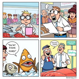 A humorous comic strip depicting a fish inspection scene at a bustling fish market