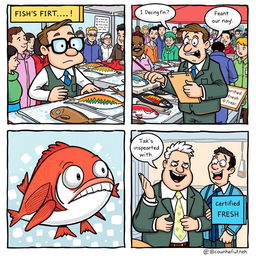 A humorous comic strip depicting a fish inspection scene at a bustling fish market