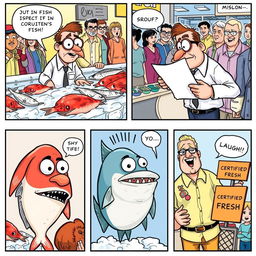 A humorous comic strip depicting a fish inspection scene at a bustling fish market