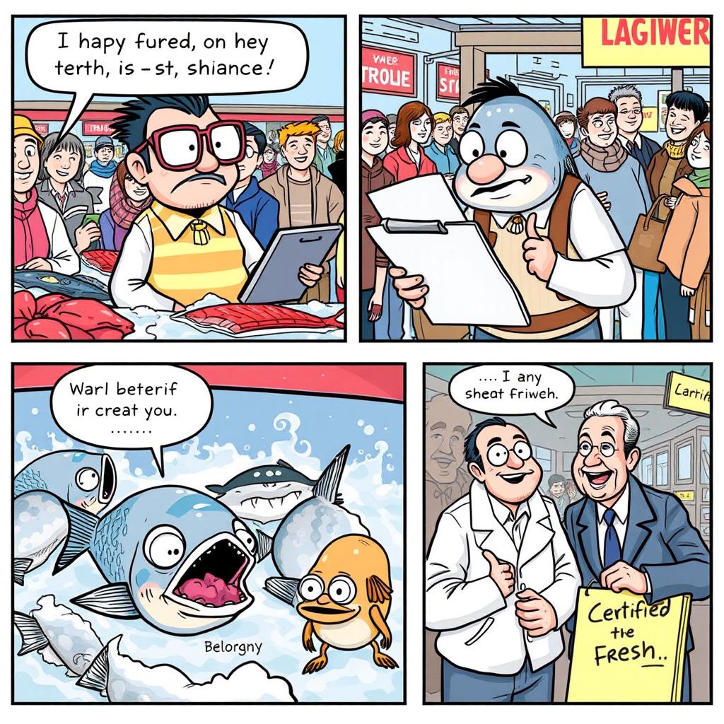 A humorous comic strip depicting a fish inspection scene at a bustling fish market