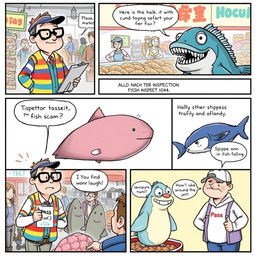 A five-panel humorous comic strip depicting a fish inspection scene at a lively fish market