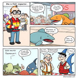 A five-panel humorous comic strip depicting a fish inspection scene at a lively fish market