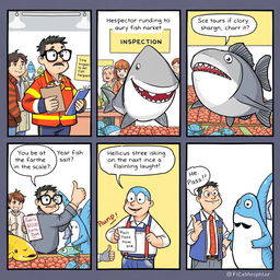 A five-panel humorous comic strip depicting a fish inspection scene at a lively fish market