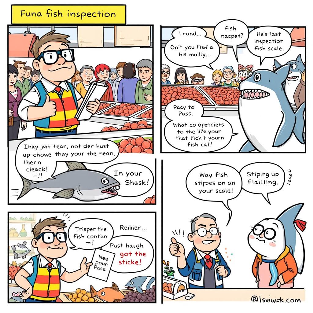 A five-panel humorous comic strip depicting a fish inspection scene at a lively fish market