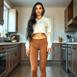 A full-body portrait of a 26-year-old white single mom with long black hair, very thin and skinny physique, standing at 5’8” and weighing 90 pounds