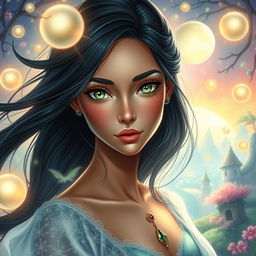 A beautiful and charming young woman with flowing black azule hair that beautifully frames her face