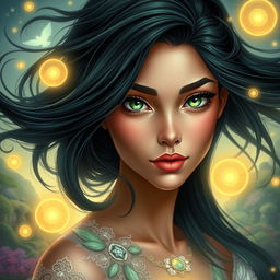 A beautiful and charming young woman with flowing black azule hair that beautifully frames her face