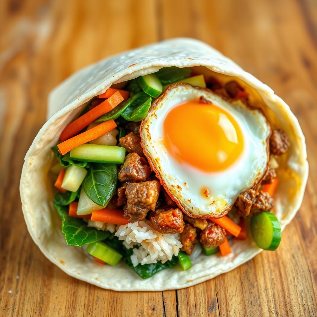 A delicious bibimbap burrito, showcasing vibrant colors and textures