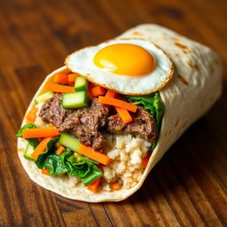 A delicious bibimbap burrito, showcasing vibrant colors and textures