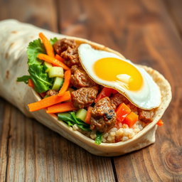 A delicious bibimbap burrito, showcasing vibrant colors and textures