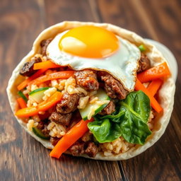 A delicious bibimbap burrito, showcasing vibrant colors and textures