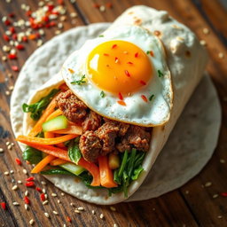 A delicious bibimbap burrito, filled with an array of colorful ingredients such as sautéed spinach, julienned carrots, crispy cucumbers, and a generous portion of seasoned beef
