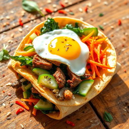 A delicious bibimbap burrito, filled with an array of colorful ingredients such as sautéed spinach, julienned carrots, crispy cucumbers, and a generous portion of seasoned beef