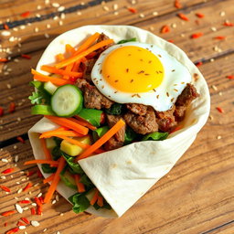 A delicious bibimbap burrito, filled with an array of colorful ingredients such as sautéed spinach, julienned carrots, crispy cucumbers, and a generous portion of seasoned beef