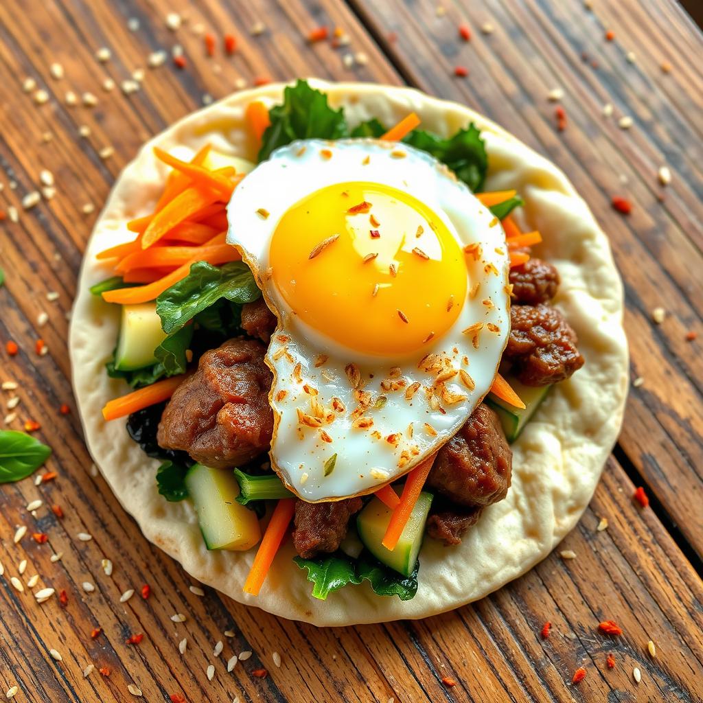 A delicious bibimbap burrito, filled with an array of colorful ingredients such as sautéed spinach, julienned carrots, crispy cucumbers, and a generous portion of seasoned beef