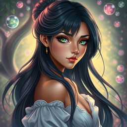 A beautiful and charming young woman with long, flowing black azule hair that gracefully cascades down her back