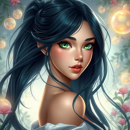 A beautiful and charming young woman with long, flowing black azule hair that gracefully cascades down her back