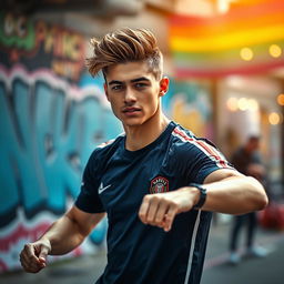 A modern, edgy portrait of a young, stylish male soccer player in a dynamic pose, exuding confidence and charisma