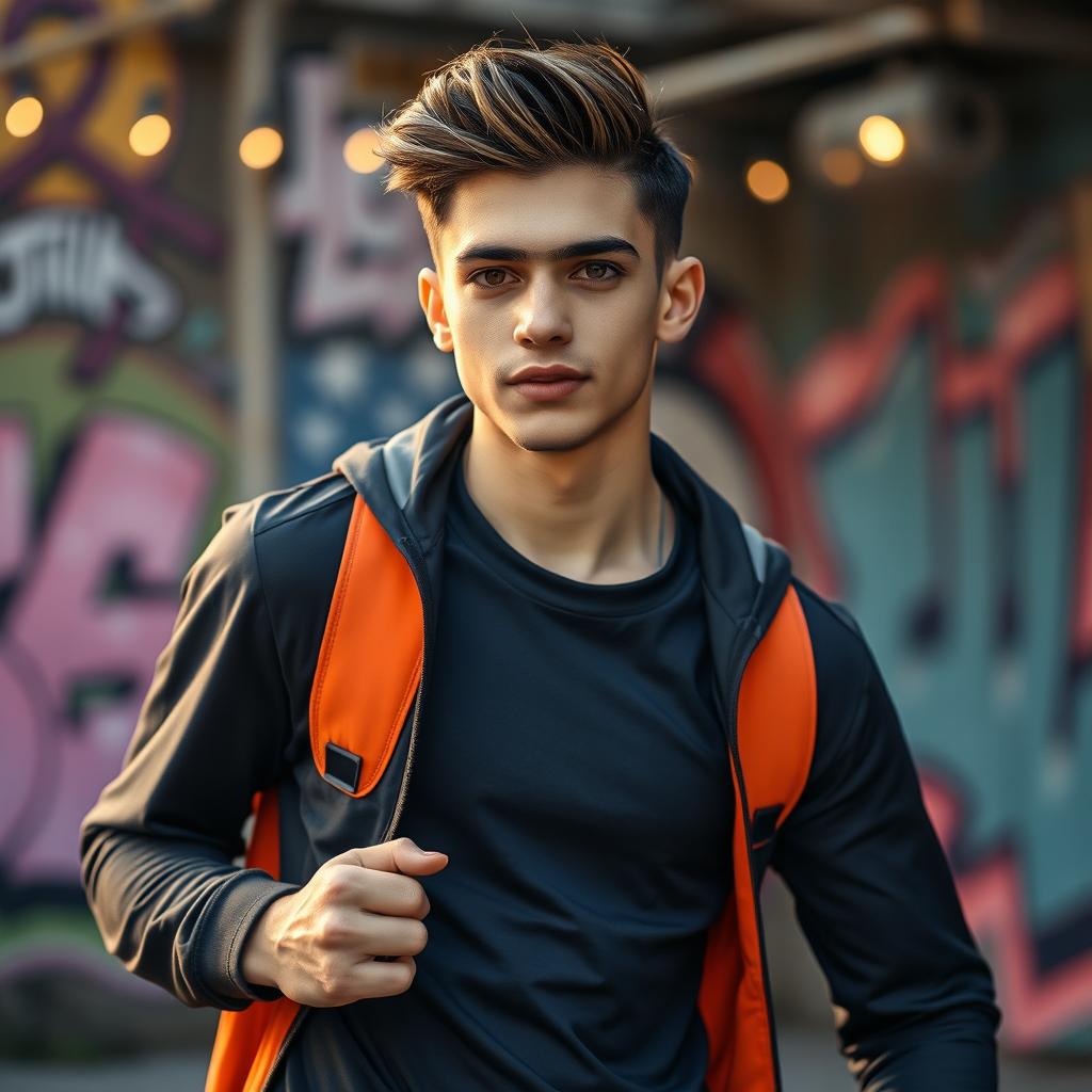 A modern, edgy portrait of a young, stylish male soccer player in a dynamic pose, exuding confidence and charisma