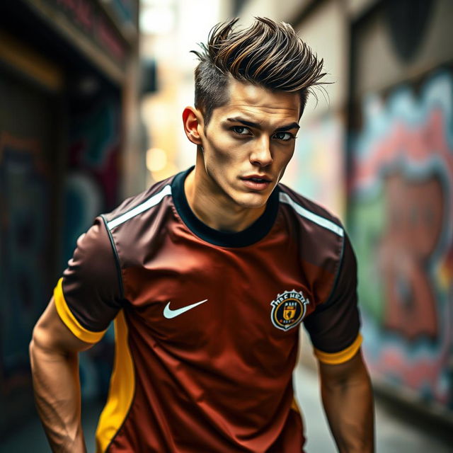 A modern, edgy portrait of a young, stylish male soccer player in a dynamic pose, exuding confidence and charisma