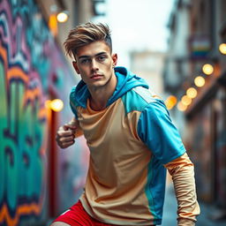 A modern, edgy portrait of a young, stylish male soccer player in a dynamic pose, exuding confidence and charisma