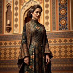 An elegant woman dressed in a formal outfit, skillfully blending Victorian fashion with Iranian traditional art
