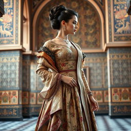 An elegant woman dressed in a formal outfit, skillfully blending Victorian fashion with Iranian traditional art