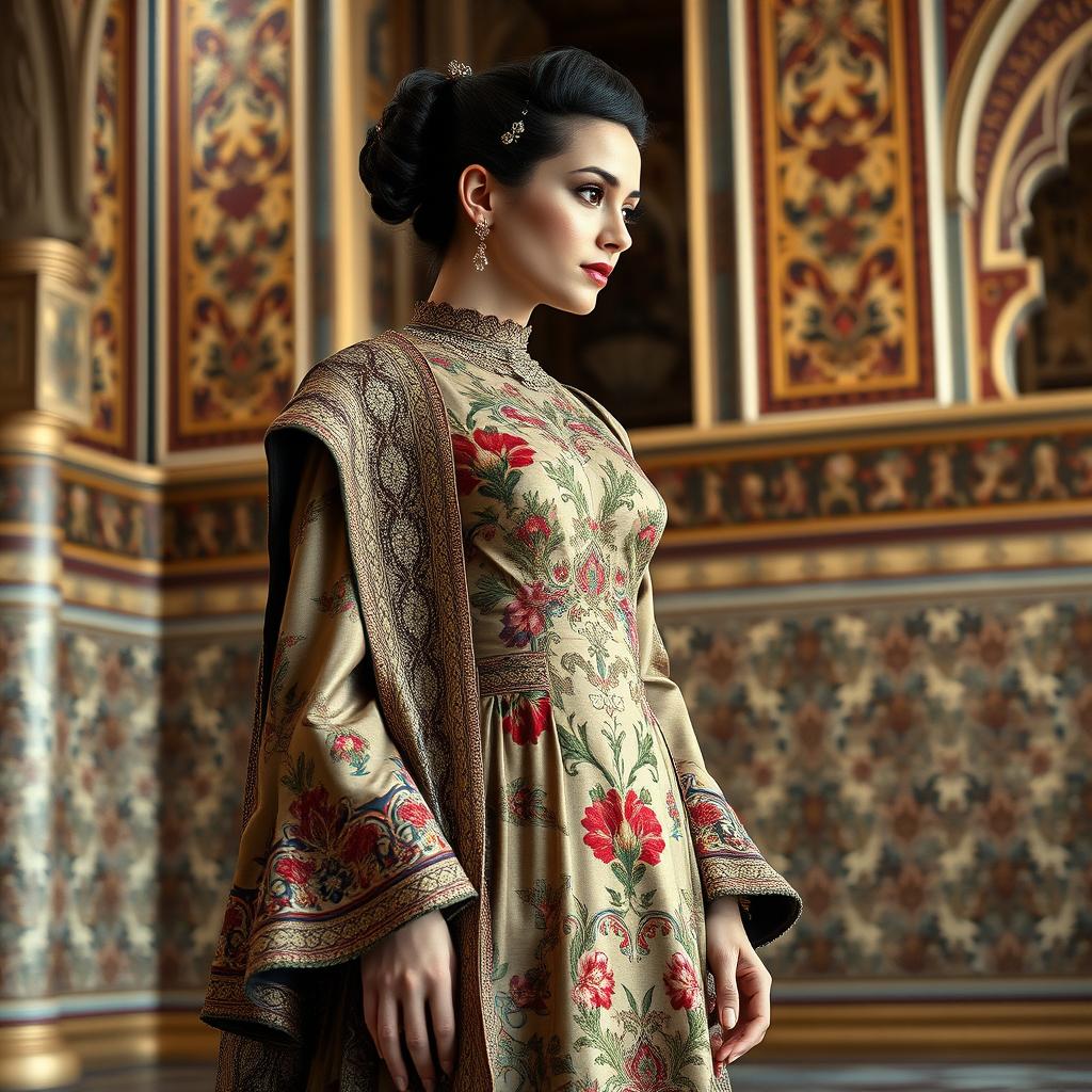 An elegant woman dressed in a formal outfit, skillfully blending Victorian fashion with Iranian traditional art