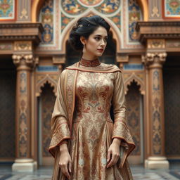 An elegant woman dressed in a formal outfit, skillfully blending Victorian fashion with Iranian traditional art