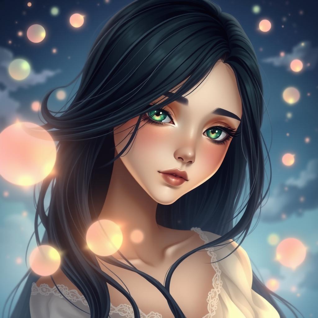 A beautiful and charming young woman with long, flowing black azule hair that drapes elegantly over her shoulders